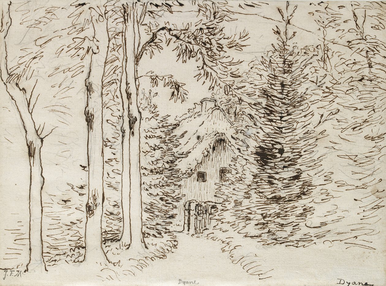 Vei gjennom skogen til et hus med stråtak, 1866 (grafitt, penn og brunt blekk på papir) av Jean Francois Millet