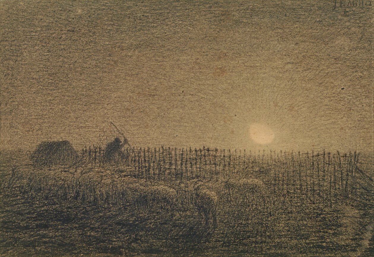 Shepherd at the Fold by Moonlight (kull på papir) av Jean Francois Millet