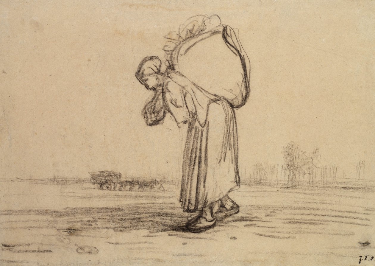Kvinne som bærer en sekk på ryggen (svart fargestift på papir) av Jean Francois Millet