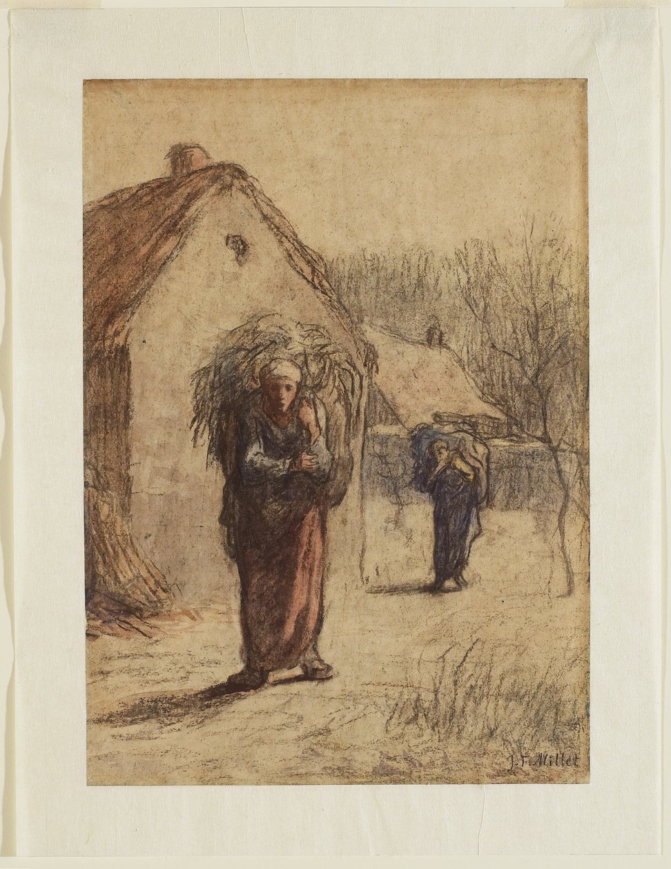 Kvinner som bærer massevis av tørket gress ved inngangen til en landsby, 1850-tallet (kull, kritt og wc på lagt papir) av Jean Francois Millet