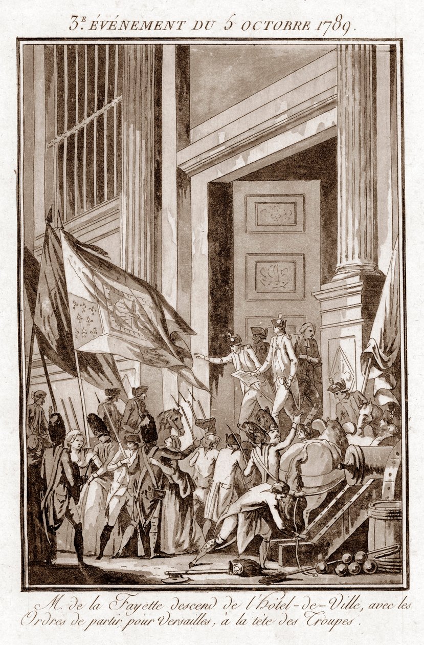 Den franske revolusjonen - La Fayette forlater rådhuset i Paris for å dra til Versailles 5. oktober av Jean Francois Janinet