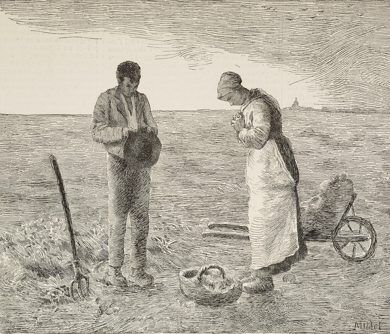 Angelus, et par bønder i felt, gravering fra maleri av Jean-Francois Millet (1814-1875), fransk maler, fra L