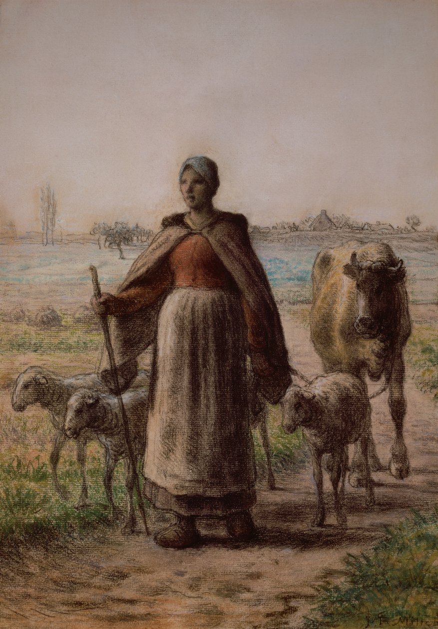 Bonde fører kua og sauene hennes til åkrene av Jean Francois Millet