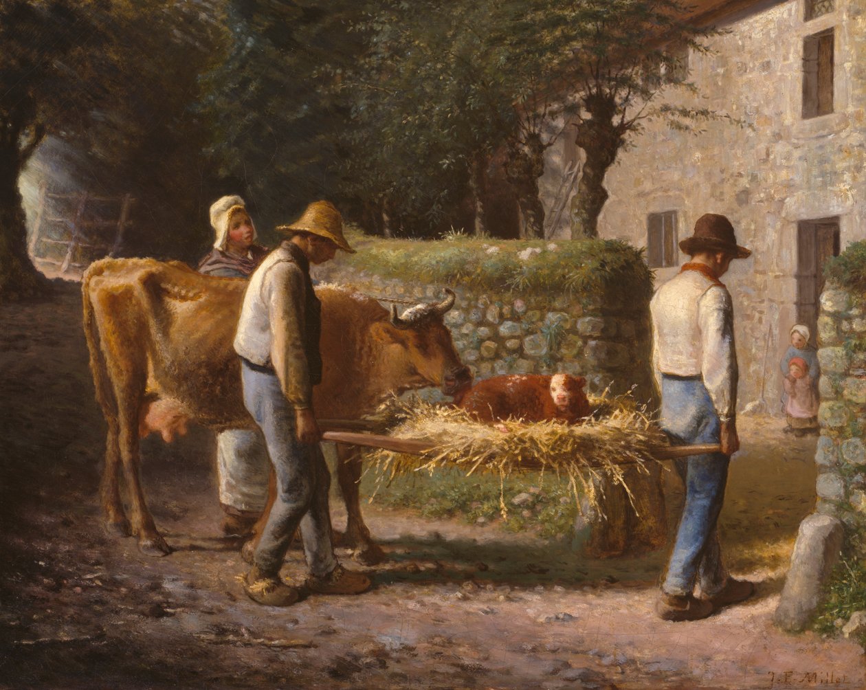 Bønder som bringer hjem en kalv født på markene av Jean-Francois Millet