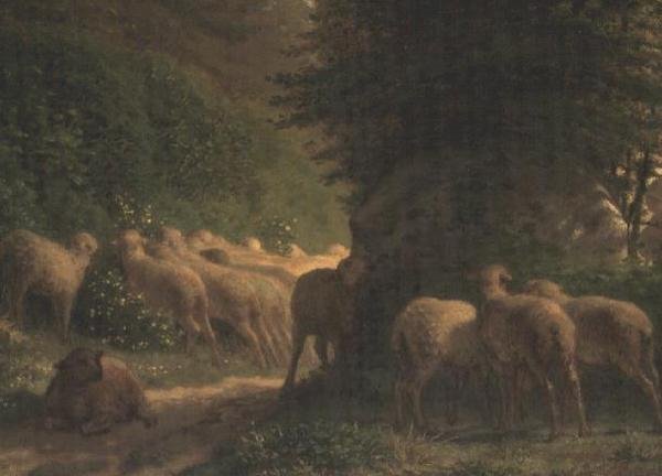 Sauer på beite langs en hekk av Jean Francois Millet