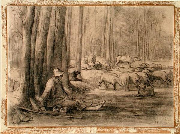 Drikkestedet i skogen (svart kritt på papir) av Jean Francois Millet