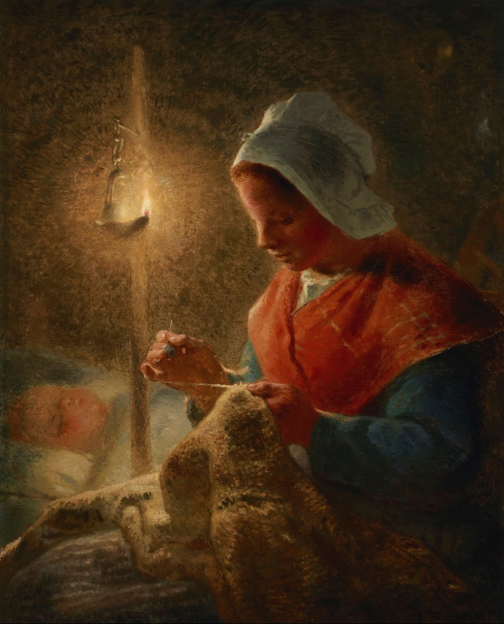 Kvinne som syr ved lampelys av Jean-Francois Millet
