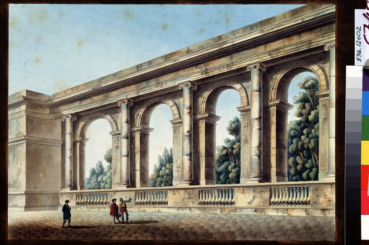 Utsikt over et buet galleri. Maleri av Jean Francois Thomas de Thomon (1754-1813). Akvarell og blekk på papir, 38,4 x 52,8 cm av Jean François Thomas de Thomon
