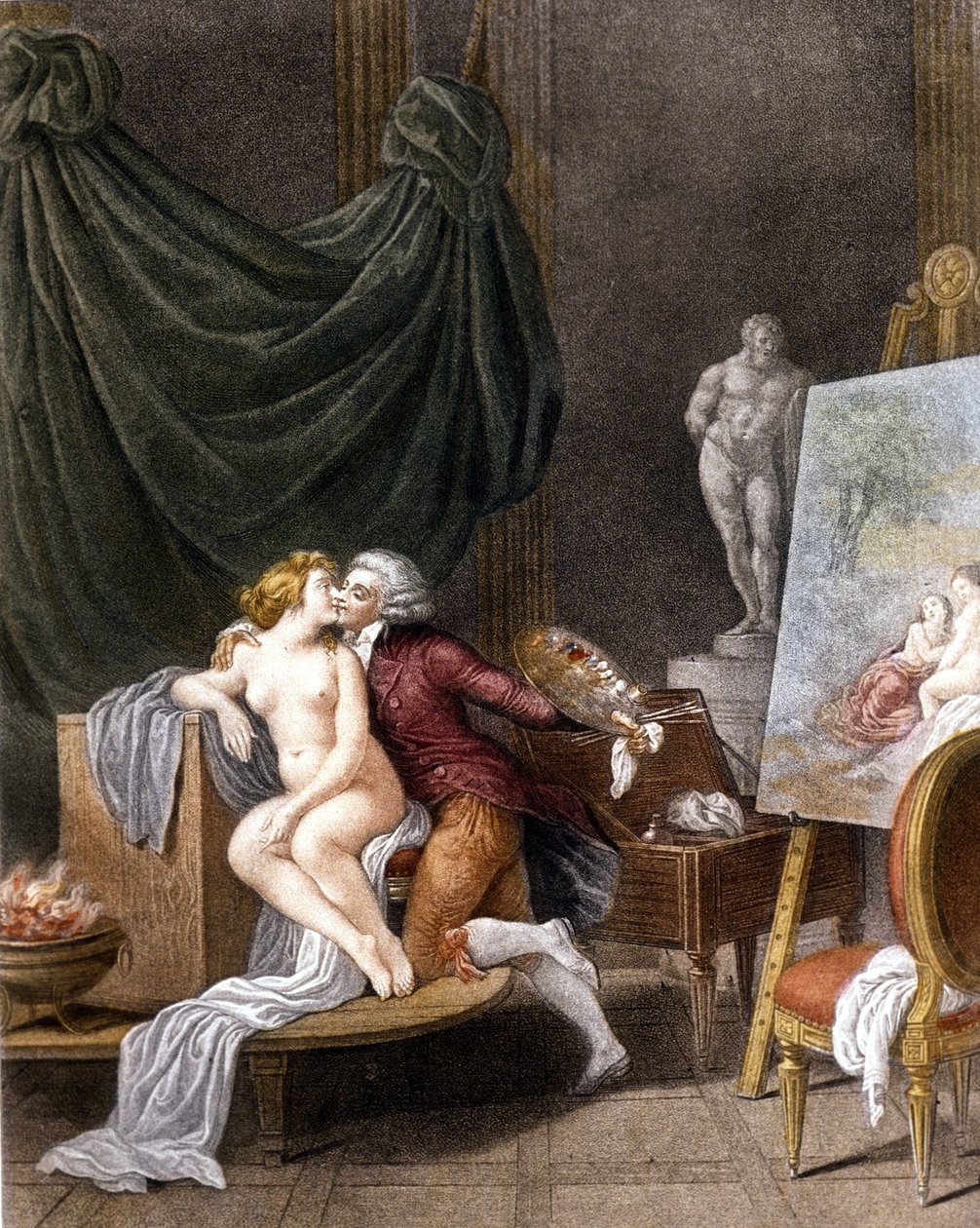 Schall: en galant scene mellom maleren og hans modell. av Jean Frederic Schall