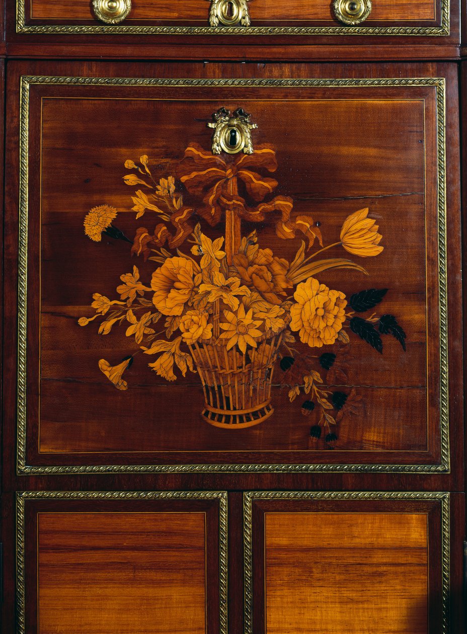 Kurv med blomster, detalj fra innlegget på Louis XVI stil sateng og amaranth skrivepult, signert av Jean-Henri Riesener (1734-1806), Frankrike av Jean Henri Riesener