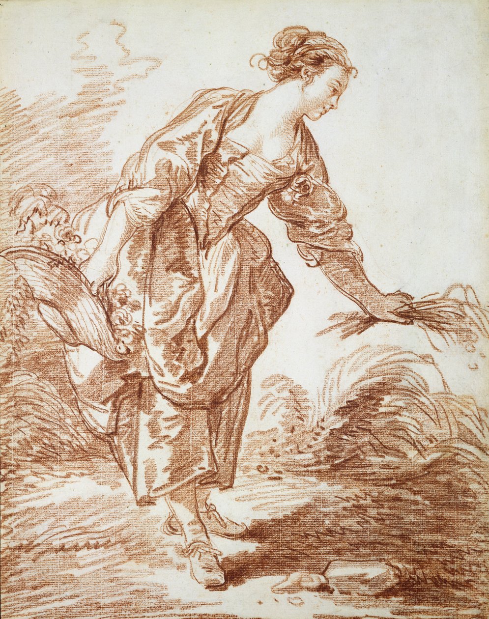 La Jardiniere (rødt kritt på papir) av Jean Honore Fragonard