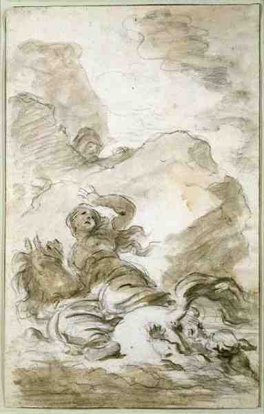 Angelica når kysten der eremitten ligger i vente (kritt, penn, blekk og vask på papir) av Jean Honore Fragonard