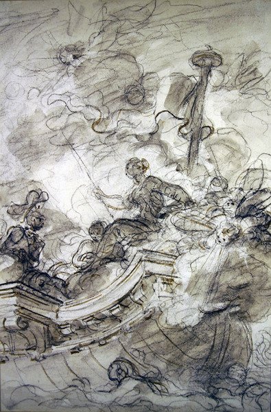 Astolfo seiler av gårde med Andronica og Sofrosina (penn & blekk, kritt og vask på papir) av Jean Honore Fragonard