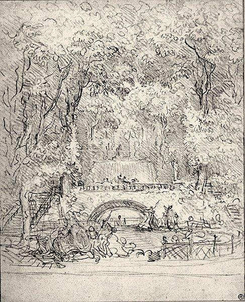 Kaskade i en hage (kritt på papir) av Jean Honore Fragonard