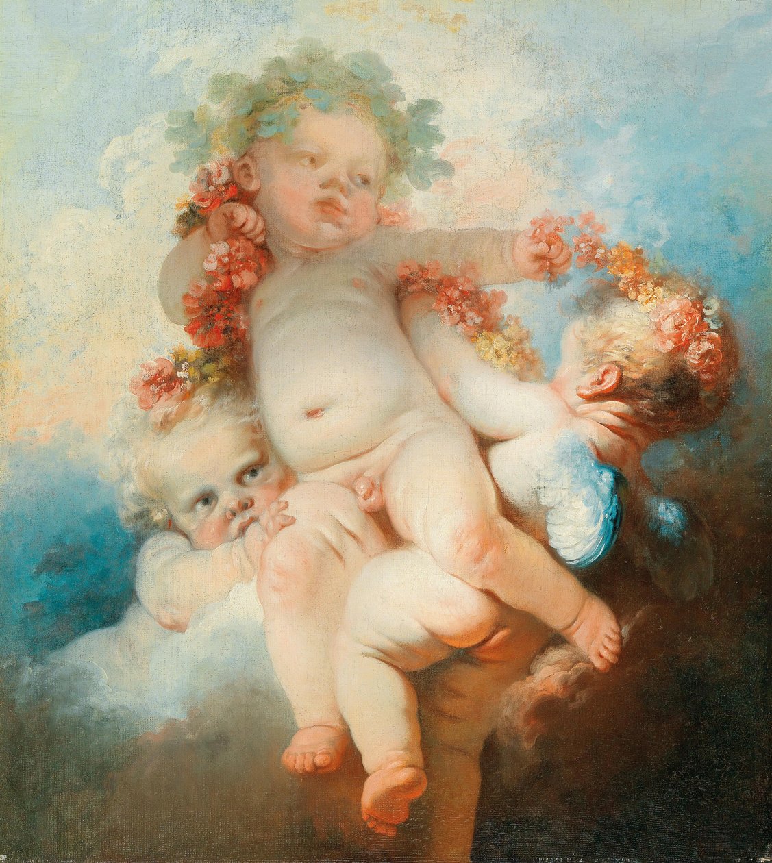 Tre putti omkranset med blomster (olje på lerret) av Jean Honore Fragonard