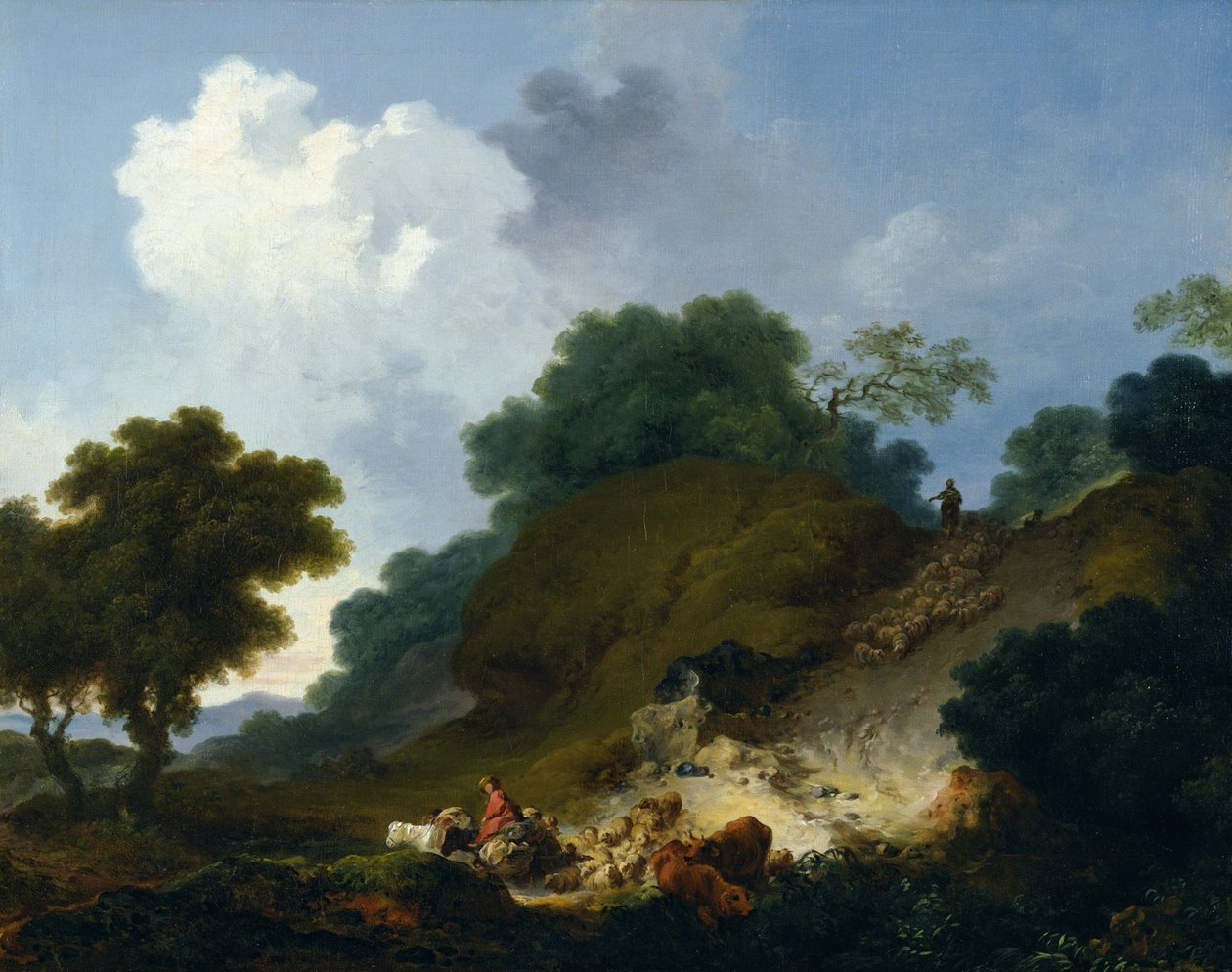 Flokk med sauer som går nedover en bakke av Jean-Honore Fragonard