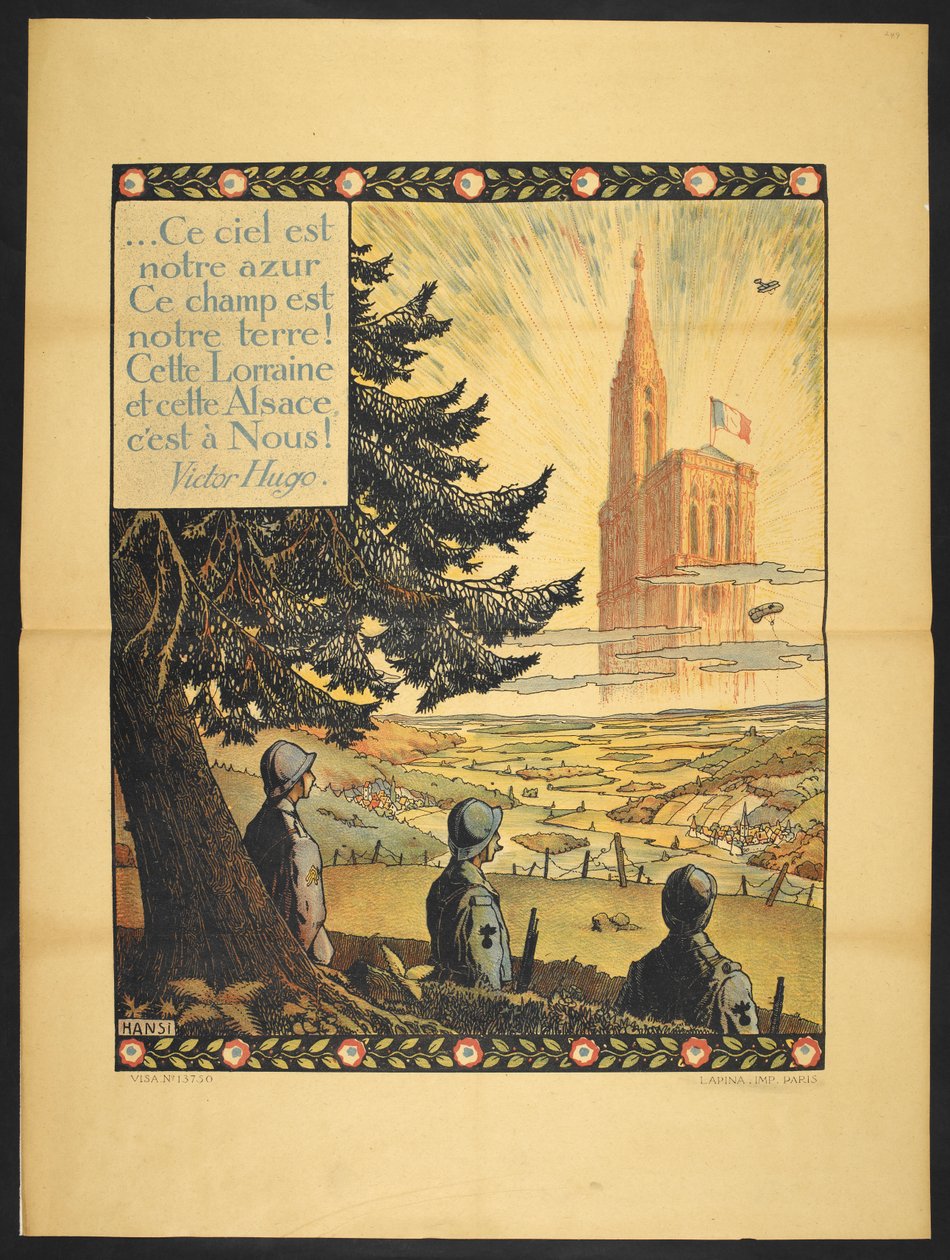 En plakat som viser tre franske soldater som ser på en allegorisk kirke i det fjerne, i skyene preget av lys. Et lite vers av Victor Hugo i øverste venstre hjørne (plakat) av Jean Jacques Waltz