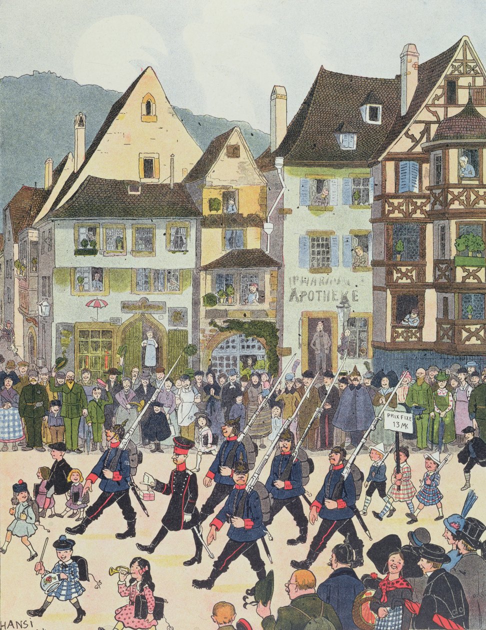 Herr Forstner forlot Saverne med soldatene sine etter å ha kjøpt litt sjokolade i 1913, illustrasjon fra 