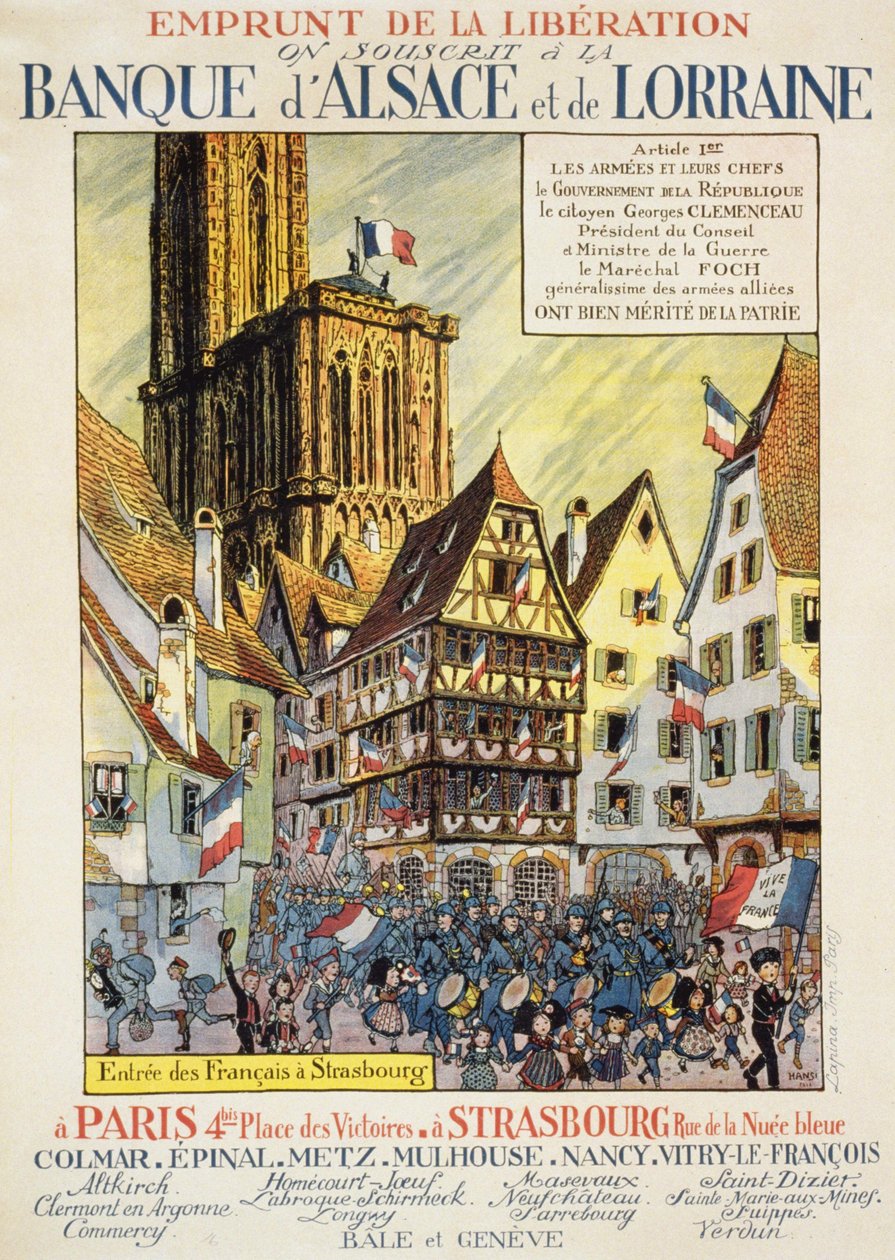 Frigjøringslån: «Vi abonnerer på Alsace- og Lorraine-banken» - plakat, ca. 1918 av Jean-Jacques (1873-1951) Waltz