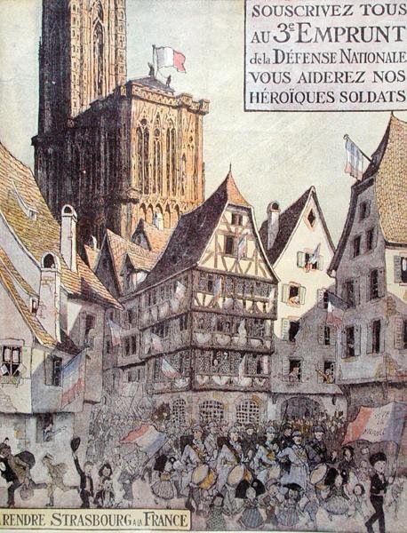 Plakat som annonserer det tredje nasjonale forsvarslånet, utstedt til fordel for Alsace, første verdenskrig av Jean Jacques Waltz