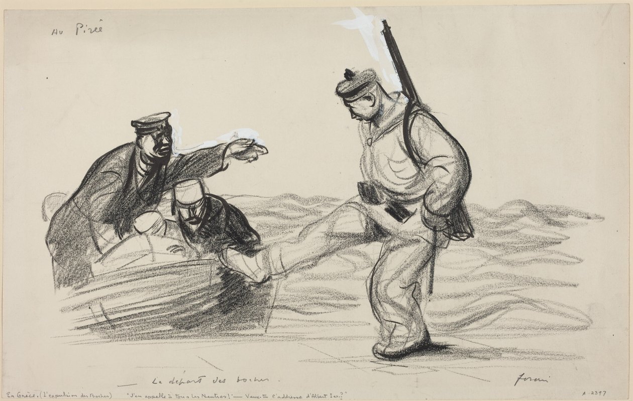 I Pireus. - Tyskernes avreise., ca. 1914–1919 (tegning) av Jean-Louis & Caran D