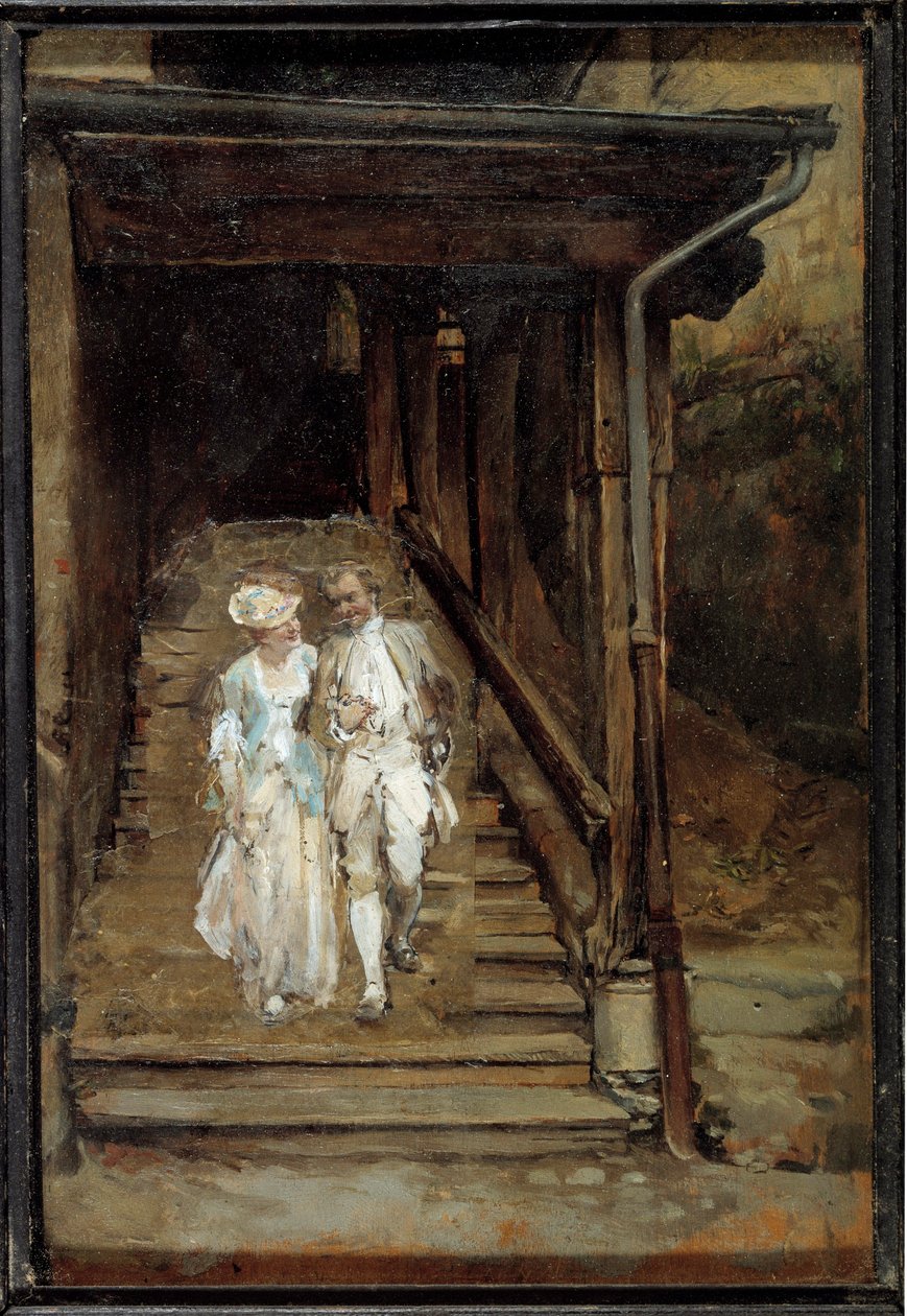 Tretrappen til Cathedrale de Lausanne eller "" Filosofen Jean Jacques Rousseau et madame de Warens"" Maleri av Jean Louis Ernest Meissonier (1815-1891) 1800-tallet Søn. 0,2x0,14 m av Jean Louis Ernest Meissonier