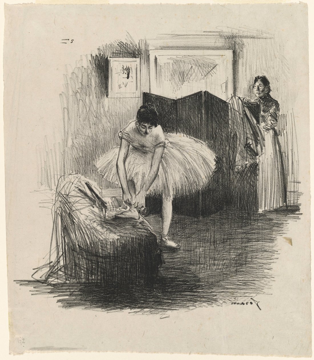Danserinne som knytter ballettskoen sin av Jean-Louis Forain