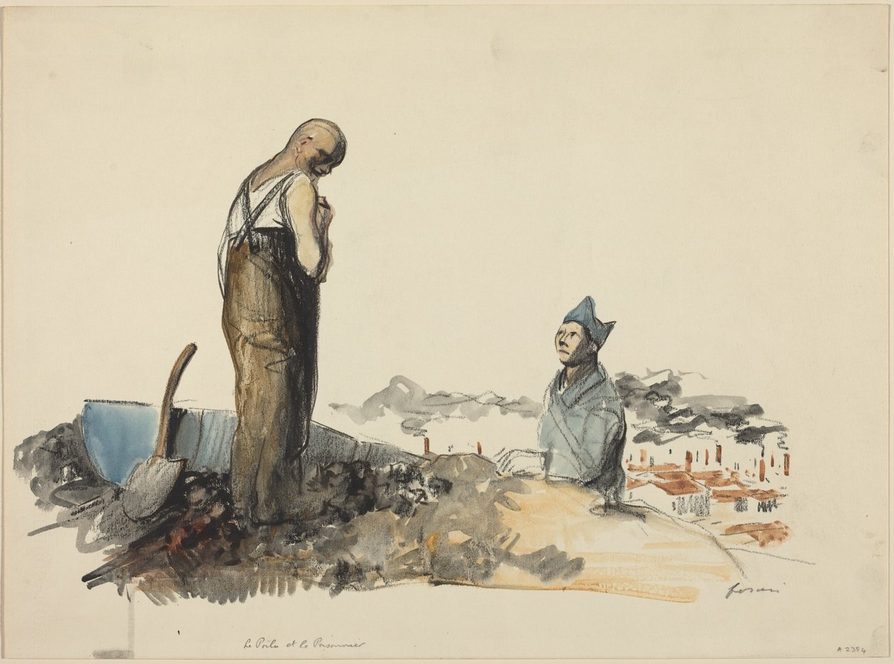 a) Den franske soldaten og fangen (forside); b) Studie av en fange (bakside) av Jean-Louis Forain