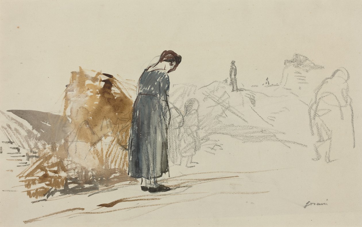 a) Tyskerne har dratt (forside); b) Skisse av en mann (bakside) av Jean-Louis Forain