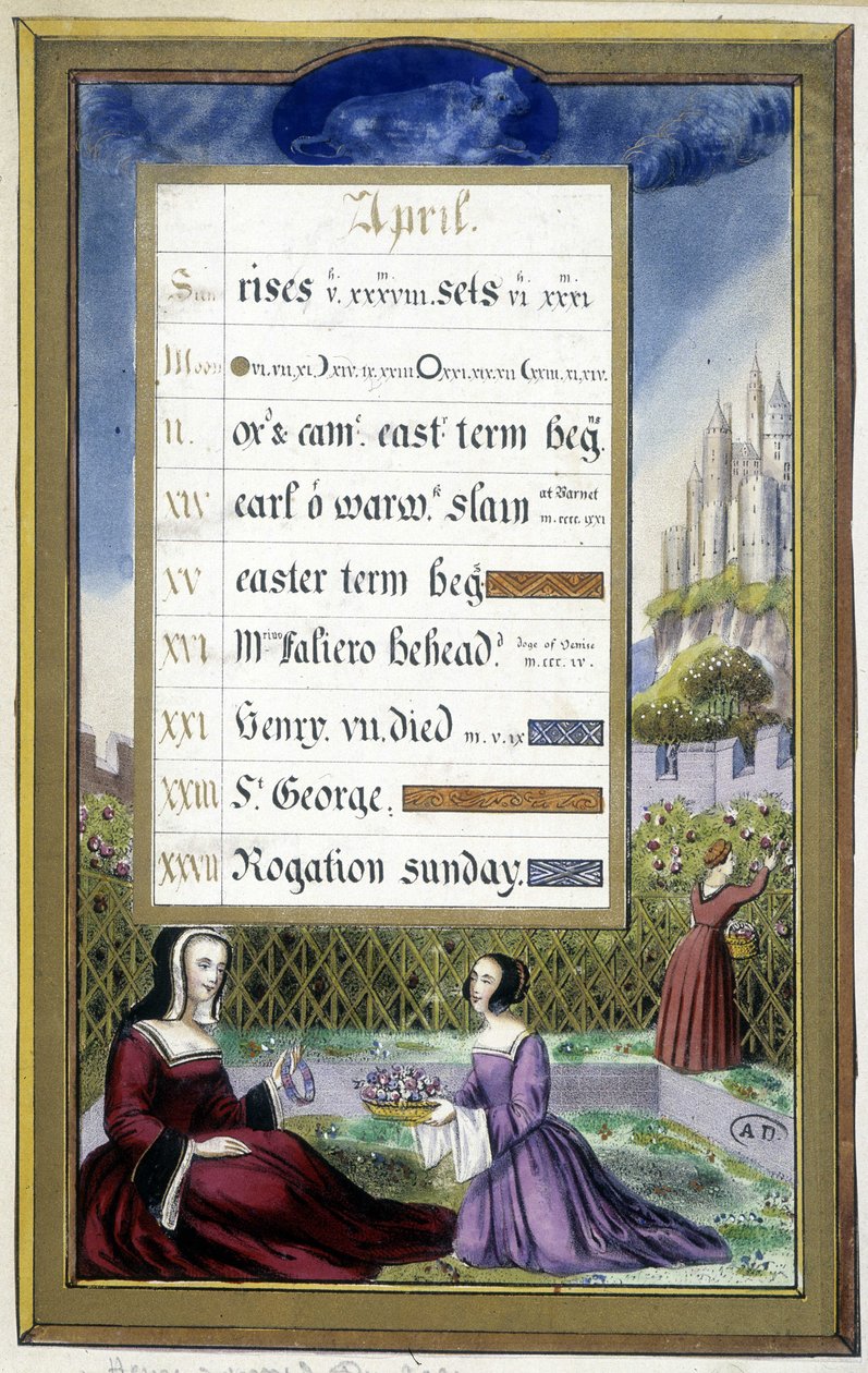 April: Damer i en hage (Taurus) - faksimile av timene til Anne av Bretagne, av Jean Bourdichon av Jean (after) Bourdichon