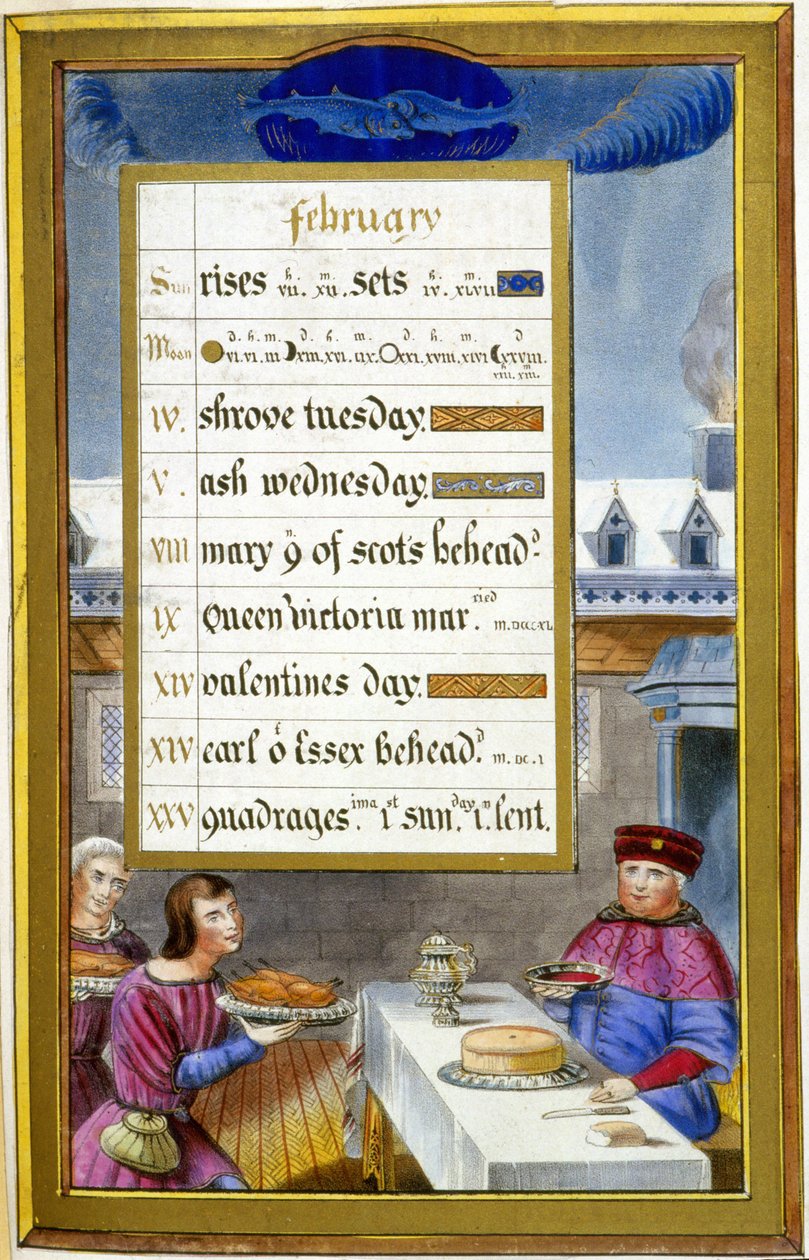 Februar: Måltidsscene (fisk) - faksimile av timene til Anne av Bretagne, av Jean Bourdichon av Jean (after) Bourdichon