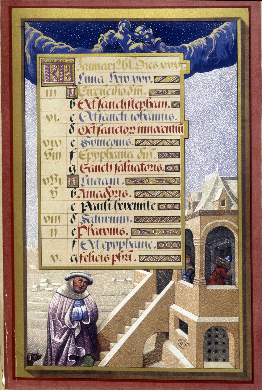 Januar: Hus om vinteren (Aquarius) - faksimile av timene til Anne av Bretagne, av Jean Bourdichon av Jean (after) Bourdichon