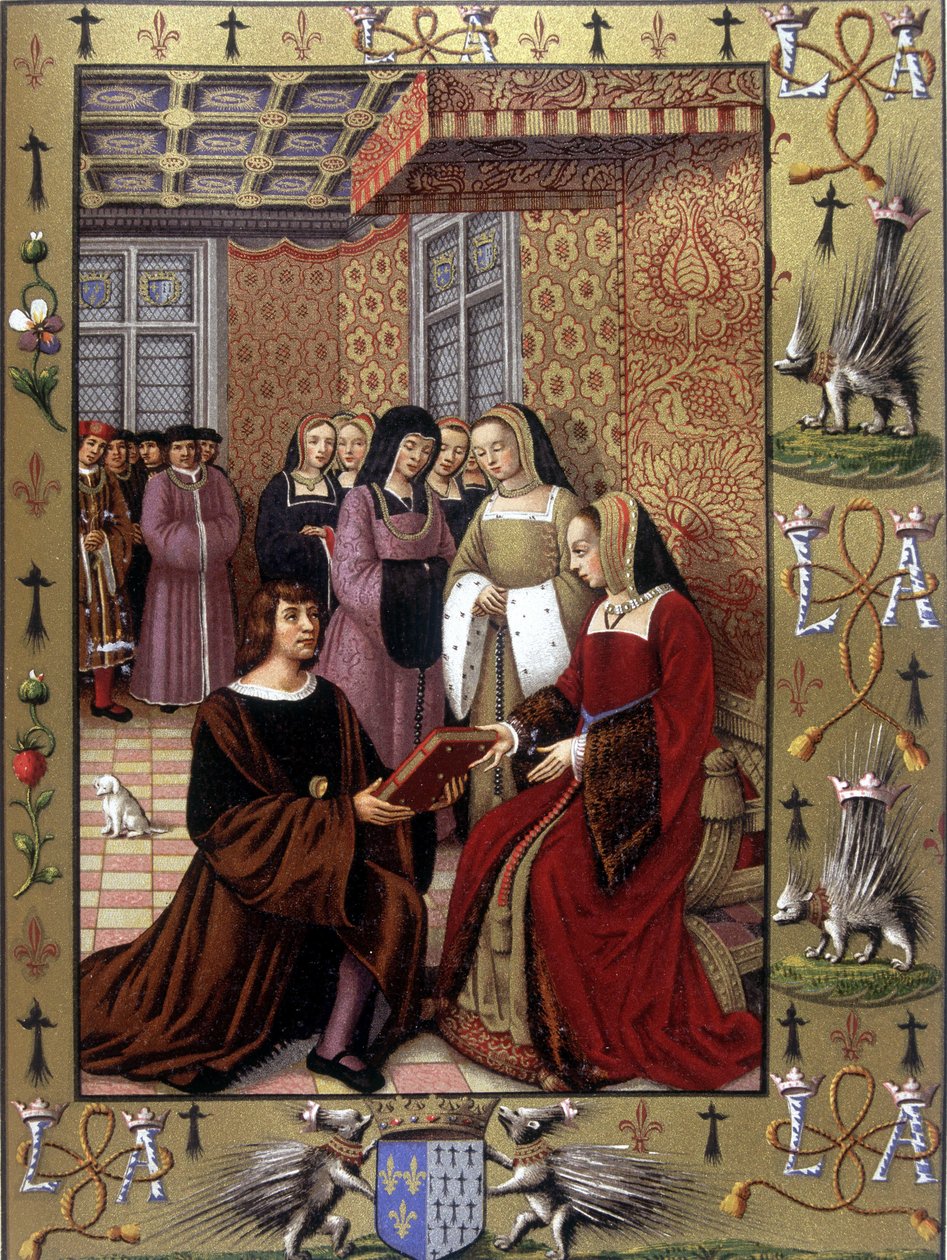 Jean Marot tilbyr boken sin, Le Voyage de Genes, til dronning Anne av Bretagne etter en belysning av Jean Bourdichon, rundt 1508 av Jean (after) Bourdichon