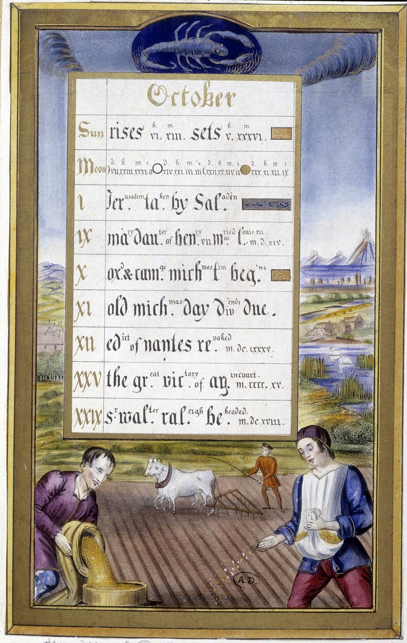 Oktober: pløying og såing, tegn på skorpionen - i "" Time Book of Anne of Bretagne"" av Jean Bourdichon av Jean (after) Bourdichon