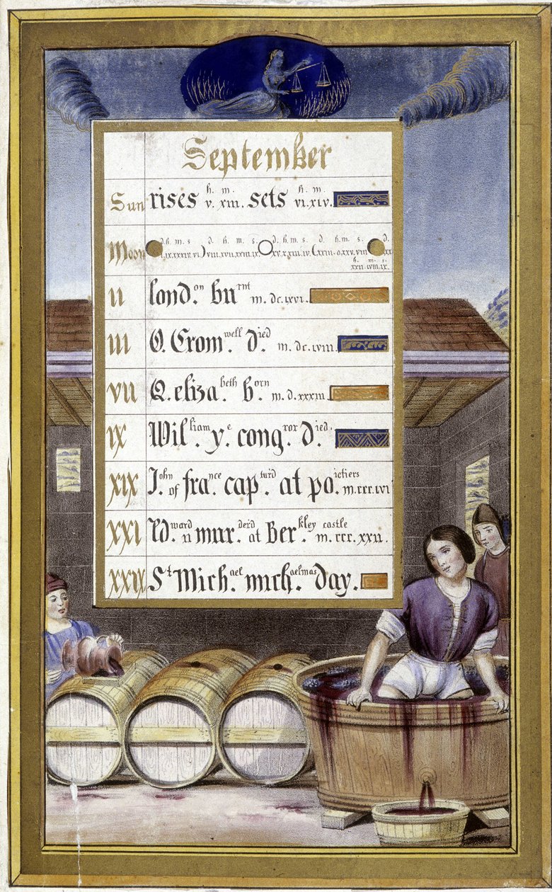 September: innhøstingen og jomfruens tegn - i "" Faksimile av timene til Anne av Bretagne"" av Jean Bourdichon av Jean (after) Bourdichon