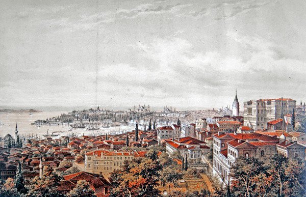 Generelt syn på Konstantinopel, ca. 1850 (farge litho) av Jean (after) Brindesi