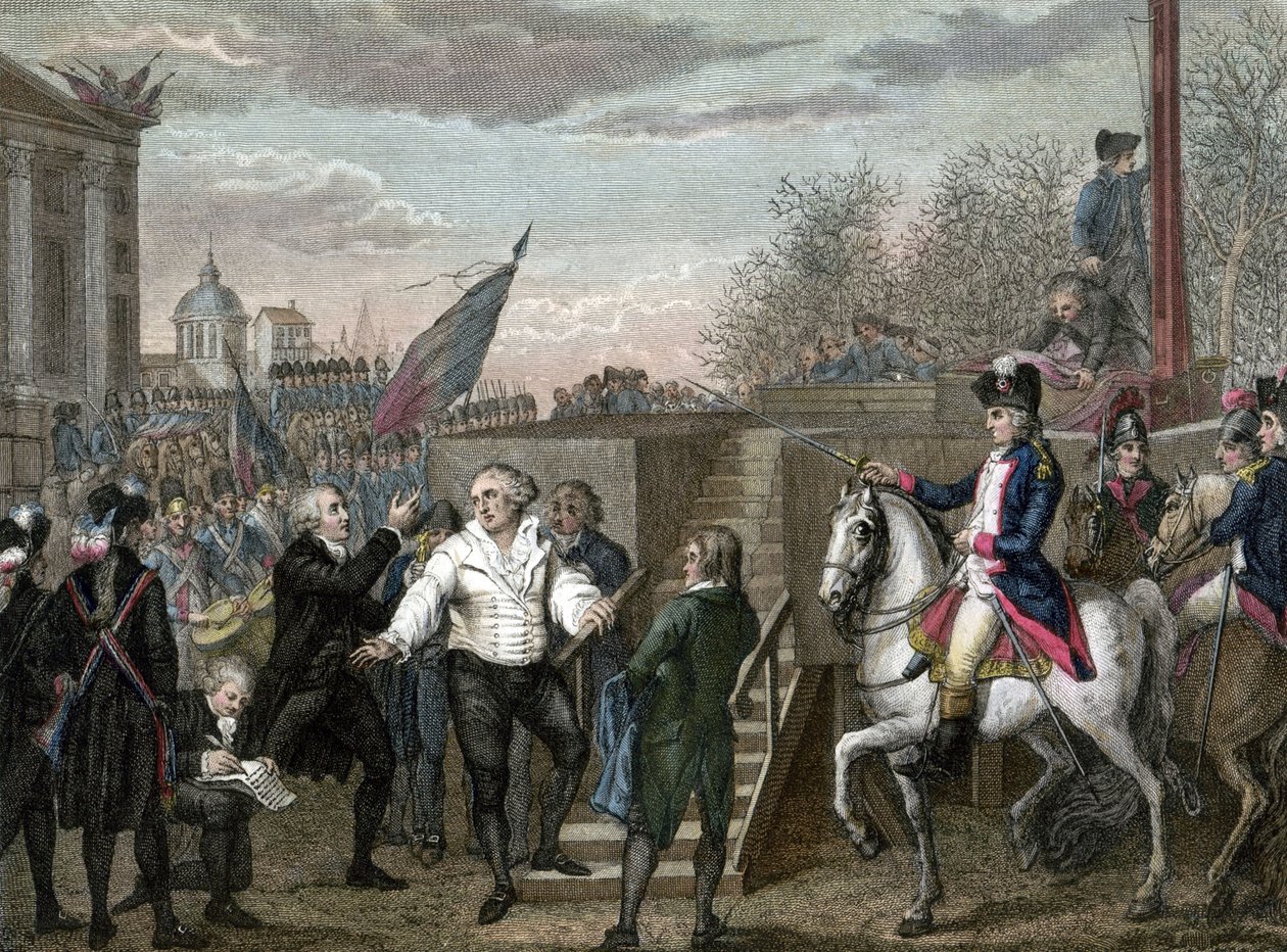 Fransk revolusjon: Ludvig XVIs død giljotinert i Paris av Jean (after) Duplessis Bertaux