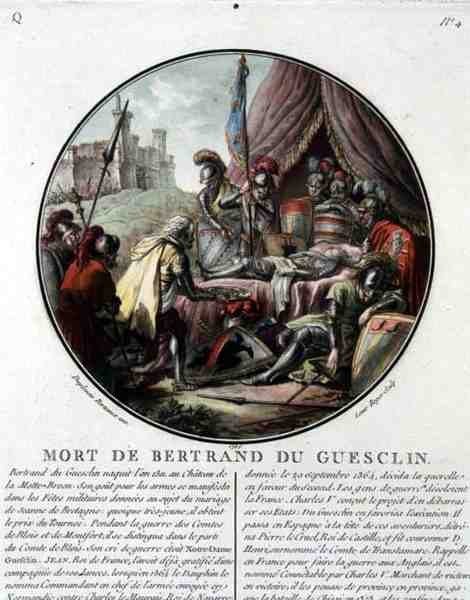 Bertrand du Guesclins død (1311-80) gravert av Louis Roger av Jean (after) Duplessis Bertaux