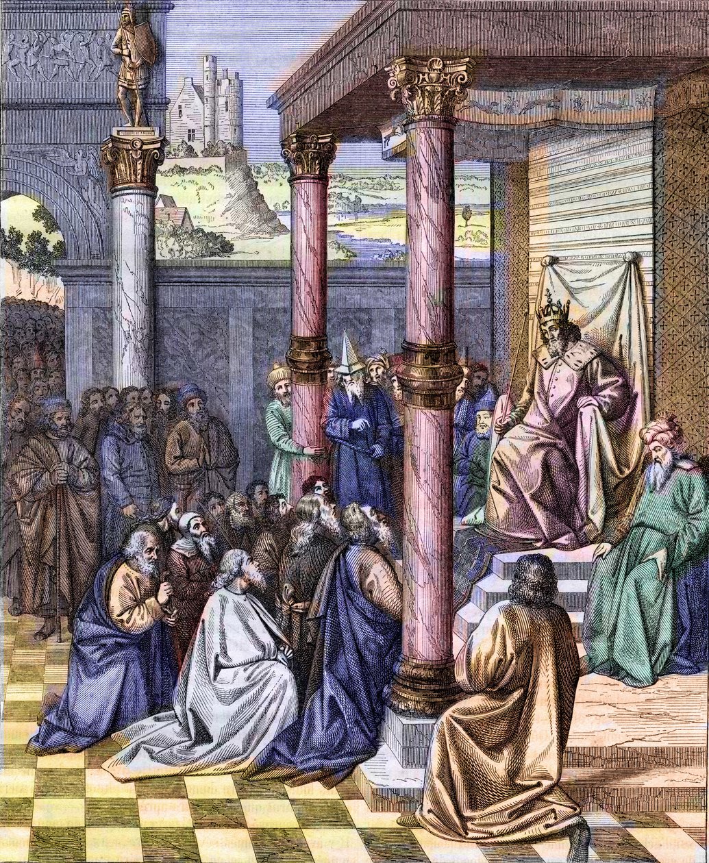 Kyros II den store (580 f.Kr. - 530 f.Kr.), konge av Persia, frigjorde judeerne som ble eksilert til Babylon i 539 f.Kr. Gravering etter en miniatyr av Jean (Jehan) Fouquet (ca. 1420 -1477/1481). Gravering av Chevignard av Jean (after) Fouquet