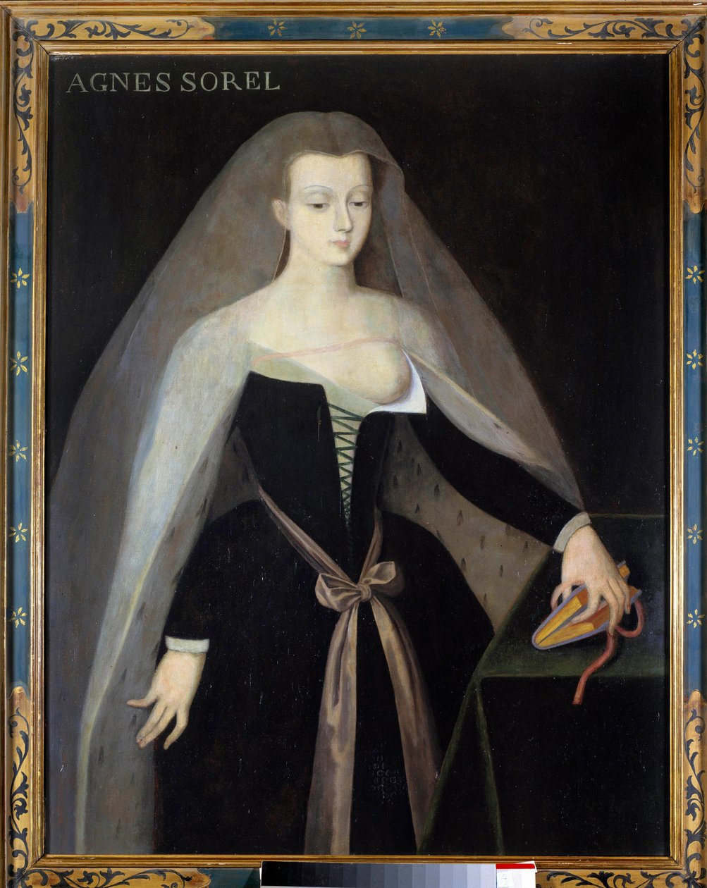 Portrett av Agnes Sorel (1422-1450) (Dame av Beaute sur Marne) (Beaute-sur-Marne), favoritt til kong Charles VII (1422-1461) Brystet hennes er nøtt. Maleri etter Jean Fouquet 1500-tallet, Chateau royal de Loches - Portrett av Agnes Sorel (1422-1450) (dame) av Jean (after) Fouquet
