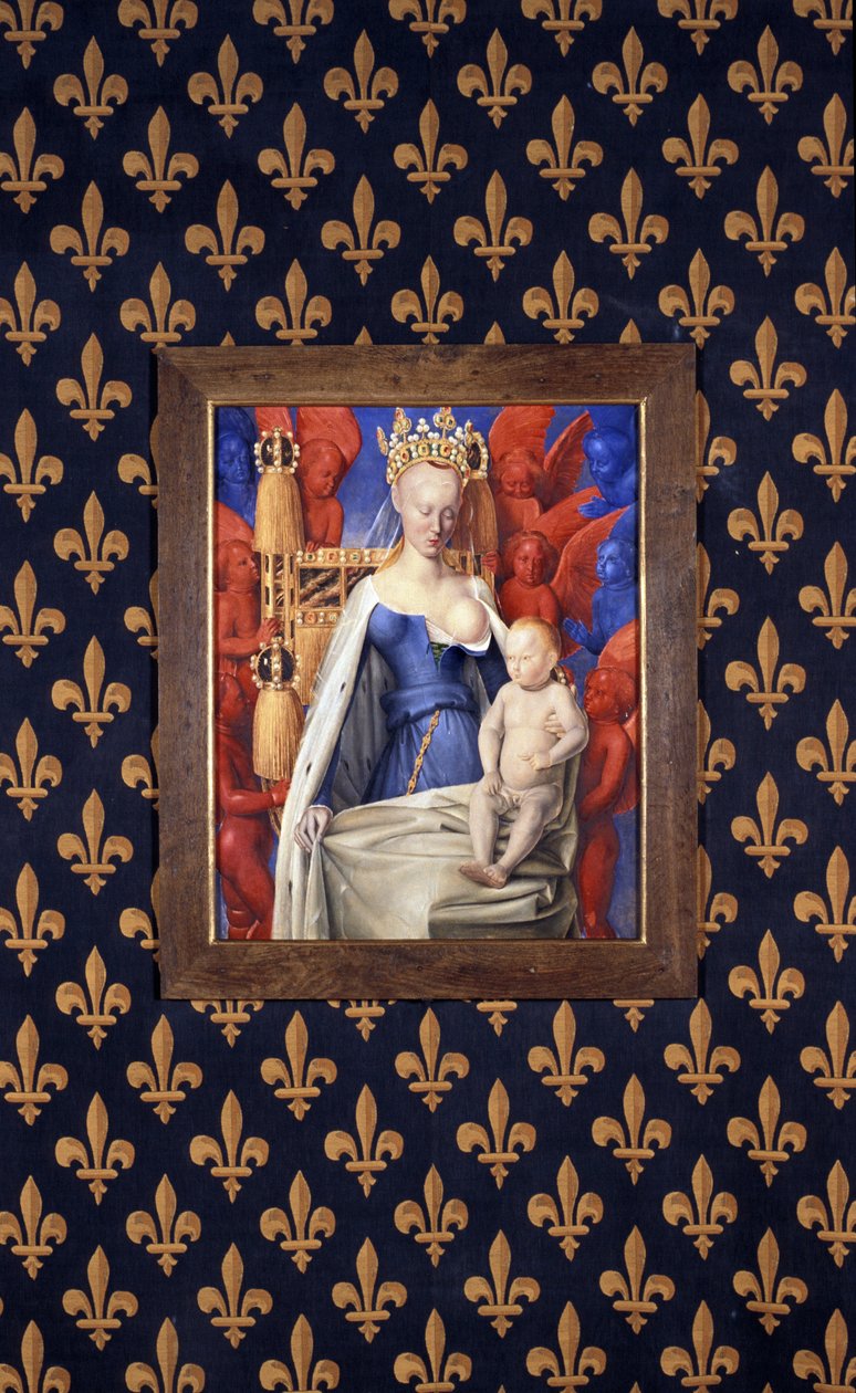Den ammende jomfruen i hermelinfrakk avbildet som Agnes Sorel - (etter jomfruen av Antwerpen, av Jean Fouquet, ca. 1452-1455) av Jean (after) Fouquet
