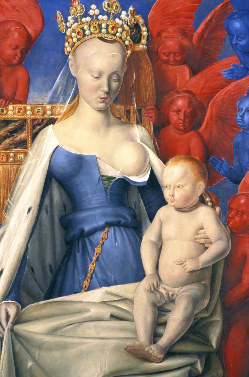 Den ammende jomfruen i hermelinfrakk avbildet som Agnes Sorel - detalj - (etter jomfruen av Antwerpen, av Jean Fouquet, ca. 1452-1455) av Jean (after) Fouquet