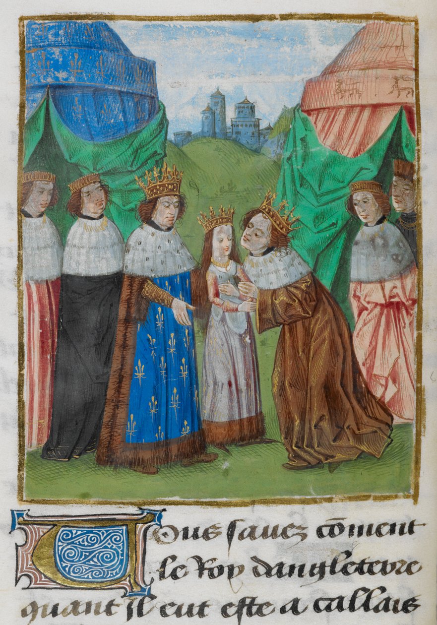 Kong Richard II av England mottar sin brud, Isabella, fra hennes far, kong Charles VI av Frankrike, illustrasjon fra 