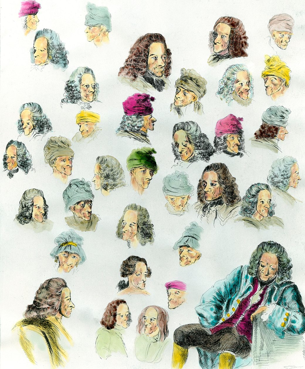 Ulike uttrykk og frisyrer av forfatteren Francois Marie Arouet de Voltaire (1694-1778) laget etter maleriene til Jean Huber (1721-1786) 1700-tallet av Jean (after) Huber