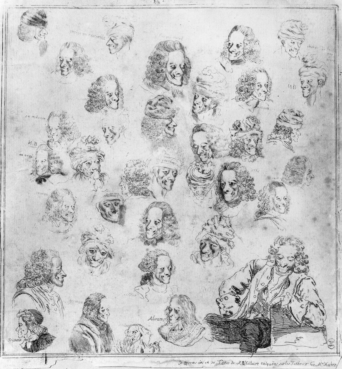 Ulike låter i 30 Voltaire-hoder. Portretter av Francois Marie Arouet, dit Voltaire (1694-1778) "" forskjellige fysiognomier av Voltaire""". Sterkt vann tilskrevet Dominique Vivant-Denon (Vivant Denon) (1747-1825) etter Jean Huber (1721-1786). Musee C av Jean (after) Huber