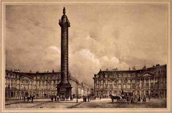 Utsikt over kopien av Trajans kolonne på Place Vendome, utgitt av Auguste Bry (litho) av Jean (after) Jacottet