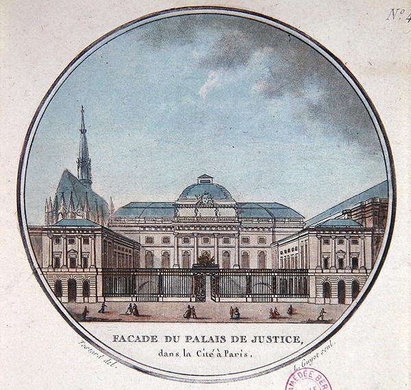 Fasade av Palais de Justice, ca. 1785 (litho-farge) av Jean (after) Testard
