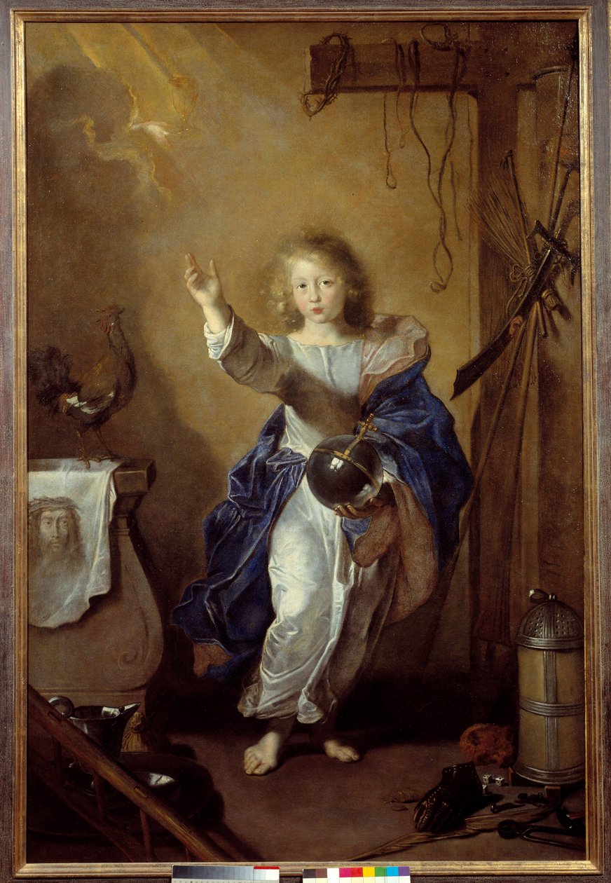 Verdens Frelser Representasjon av Jesusbarnet som holder kloden i hånden og omgir symboler på lidenskapen og det hellige likkledet. Maleri tilskrevet Jean Daret (1613/1615-1668) Søn. 1,64x1,1 m Caen, musee des Beaux Arts av Jean (attr. to) Daret