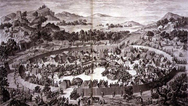 Tchao-Hoei i leiren sin under murene til Yerechim mottar hyllingen av innbyggerne i byen og provinsen i juli 1759, plate 4 fra serien med trykk som representerer erobringene av Qianlong, keiseren av Kina, gravert av Pierre Philippe Cho av Jean (d.1781) (after) Damascene