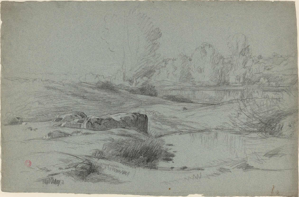 En steinete eng ved en elv av Jean Achille Benouville
